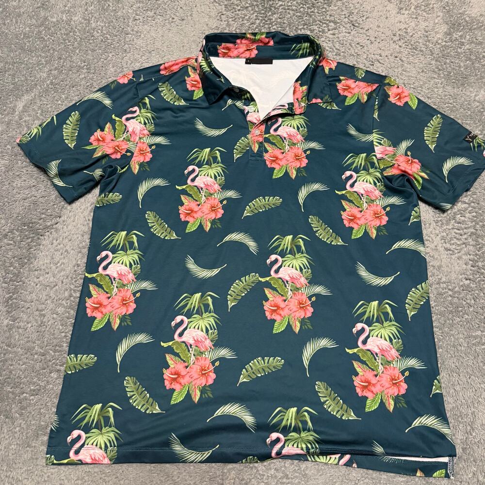 YATTA Golf Polo Shirt Mens Large Tropical Floral Hawaiian Performance All Over